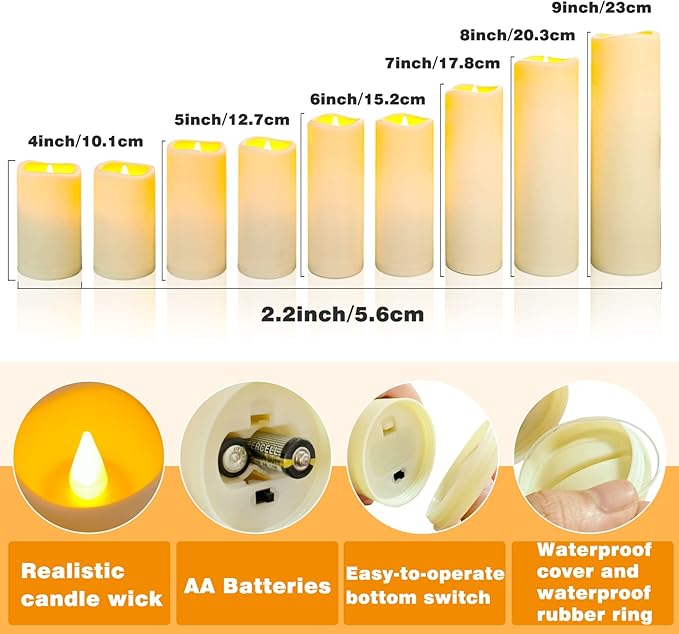 YIWER Plastic Waterproof Flameless Candles Set of 18: Battery Operated Candles Ivory Flickering Pillar Candles Include 4"/5"/6"/7"/8"/9" with 10-Key Remote 2/4/6/8H Timer Function