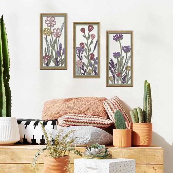 KAIRNE Neutral Floral Wooden Wall Art Set of 3,Framed Vintage Botanical Flower Decor,Minimalist Wildflower Wood Hanging Decor,Modern Farmhouse Decoration for Living Room Bedroom Office Kitchen,8X16 inch