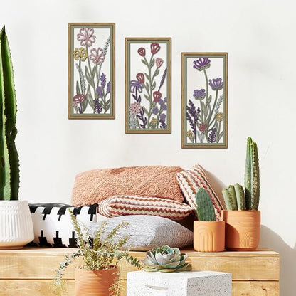 KAIRNE Neutral Floral Wooden Wall Art Set of 3,Framed Vintage Botanical Flower Decor,Minimalist Wildflower Wood Hanging Decor,Modern Farmhouse Decoration for Living Room Bedroom Office Kitchen,8X16 inch