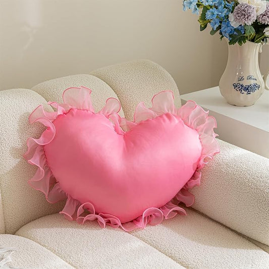 MOJUN Heart Pillow, Pink Ruffles Design Love Throw Pillows Decorative Pillows for Bed Couch Cute Room Decor Heart Shaped Throw Pillow Cushion for Living Room Bedroom Gifts Pillows