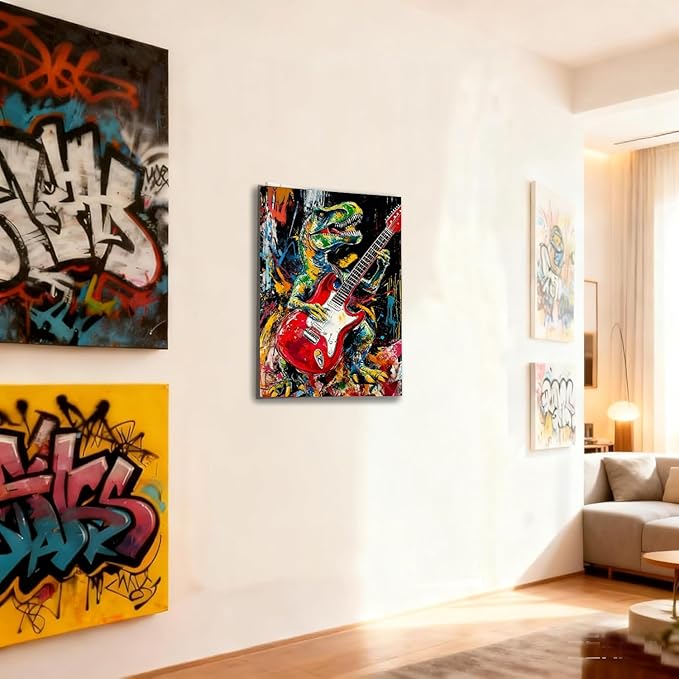 12x16 Graffiti Rock Music T-Rex Wall Art Modern Abstract Dinosaur Canvas Print Colorful Child Funny Pop Home Decor Bedroom Colorful Kids Wall Posters for Boys Room Bathroom Picture Men Office Room Painting