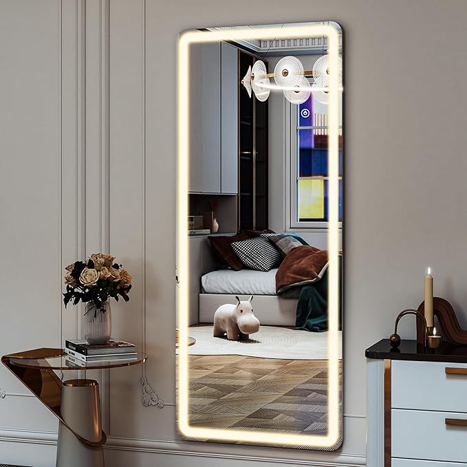 Easly 26x68 inch Full Length Mirror with Lights, LED Lighted Floor Standing, Hanging Mirror Full Length with Stand Free, Full Body Dressing Mirrors with Dimmable 3 Color LED