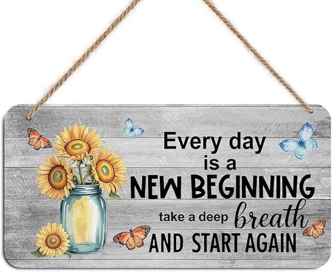 Sunflower Butterfly Wooden Wall Art - Every Day Is A New Beginning, Motivational Decorative Signs Inspirational Hanging Plaque for Home Office Farmhouse, Housewarming Gift Rustic Spring Wall Decor