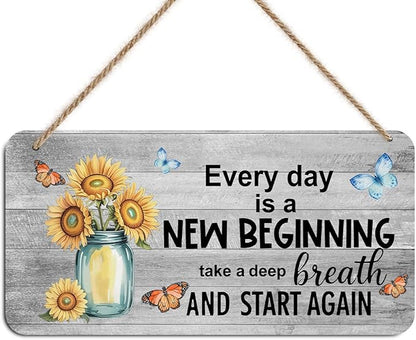 Sunflower Butterfly Wooden Wall Art - Every Day Is A New Beginning, Motivational Decorative Signs Inspirational Hanging Plaque for Home Office Farmhouse, Housewarming Gift Rustic Spring Wall Decor