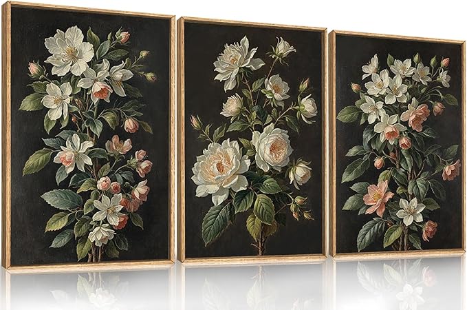 Large Dark Moody Flowers Framed Canvas Print Wall Art Set,Vintage Antique Black Botanical Wall Decor,Retro Modern Elegant Peony Floral Artwork for Living Room,Office,Bedroom-16 x24 x3