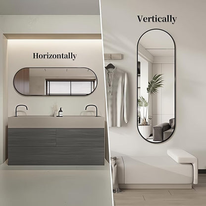 Oval Full Length Mirror, 48"×16" Wall-Mounted Mirror with Metal Frame, Ultra-Clear Explosion-Proof, Simple and Classic Deco for Cloakroom/Bedroom/Living Room, Black