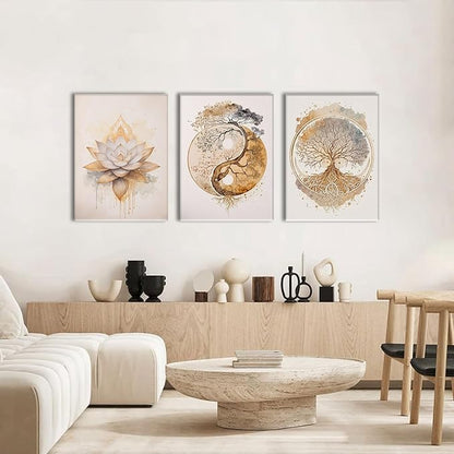 AOYUSMO 3 Piece 3 Piece Tree of Life Wall Art Zen Wall Decor Yoga Room Canvas Art Modern Gold Lotus Flower Pictures Spiritual Meditation Paintings Spa Artwork For Living Room Bathroom