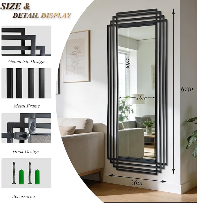 Geometric Full Length Mirror, 67"x26" Large Rectangle Aesthetic Mirror with Metal Frame, Art Deco Wall Mirrors for Living Room Entryway Hallway Cloakroom, Horizontal or Vertical Hanging