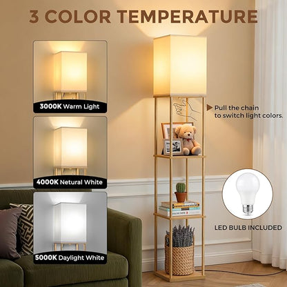 FOLKSMATE Floor Lamp with Shelves, 3-Tier Modern Square Bookshelf Floor Lamp, 3 Color Temperature Bulb Included, Floor Lamps for Living Room Bedroom Corner - Wood