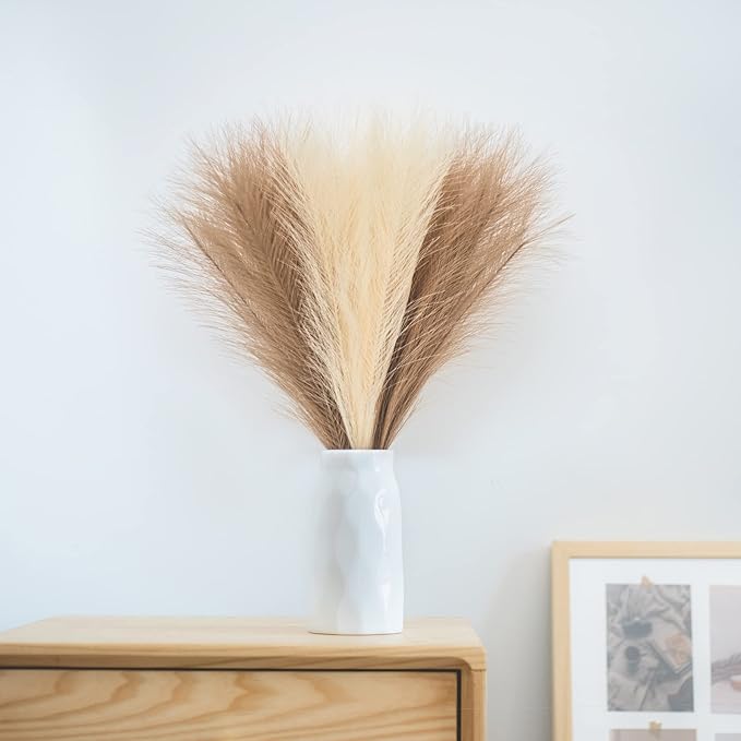 Faux Pampas Grass, 18"/45cm Artificial Pampas Grass Fluffy 6 Stem pompous Grass Flower Arrangement for Boho Home Wedding Decoration (Beige,Taupe)