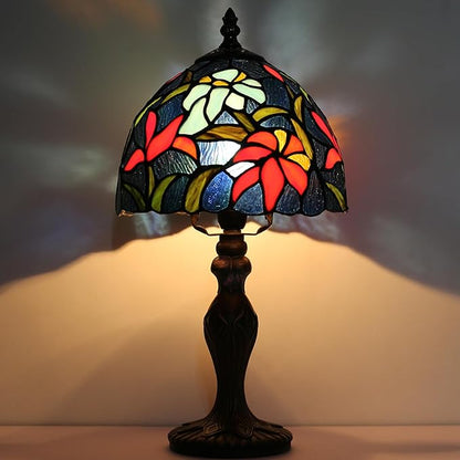 Tiffany Style Lamp Stained Glass Table Lamp 8" x 14.5" Mini Accent Light Irises Design Small Decorative Bedside Memory Lamp