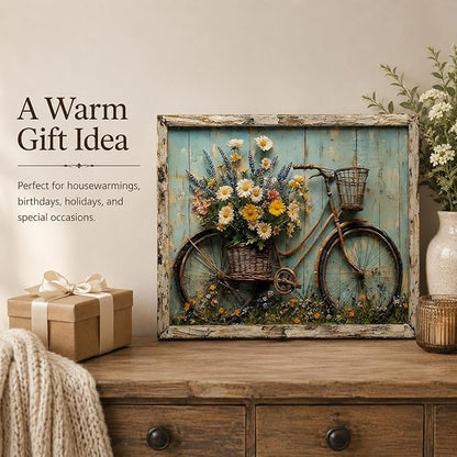 Rustic Farmhouse Daisy Floral Canvas Wall art Vintage Bicycle Flowers Painting Picture Wall Decor Flower Still Life Poster Print Artwork for Bathroom Living Room Bedroom Home Decoration