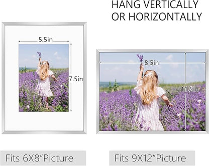 Golden State Art, Gallery Wall Frame Set of 6 - Silver 9x12 Aluminum Photo Frames with Mat for 6x8 Pictures - 9 x 12 inch Metal Frame with Real Glass Cover - Elegant Home or Office Decor