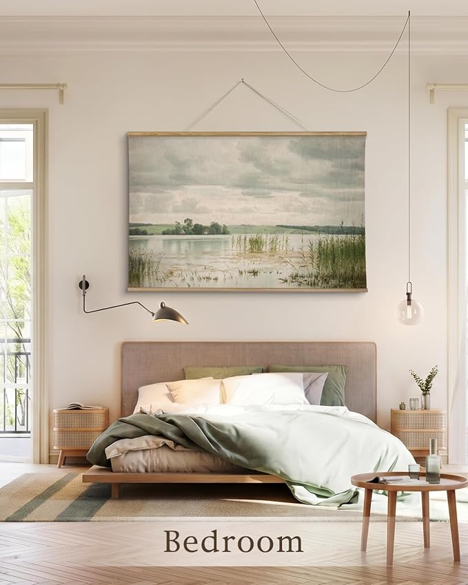 InSimSea 36x54 Extra Large Canvas Scroll Wall Art, Vintage Lake and Green Grass Landscape Oil Painting, Oversized Farmhouse Artwork for Living Room, Bedroom, Dining Room, Office