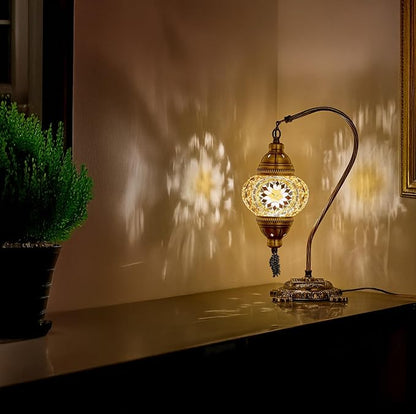 DEMMEX Turkish Moroccan Mosaic Table Lamp – Handcrafted Tiffany-Style Colorful Glass Swan Neck Bedside, Desk, Table Light, Boho Artisan Accent Lighting for Bedroom or Living Room – 15" H, Amber Brown