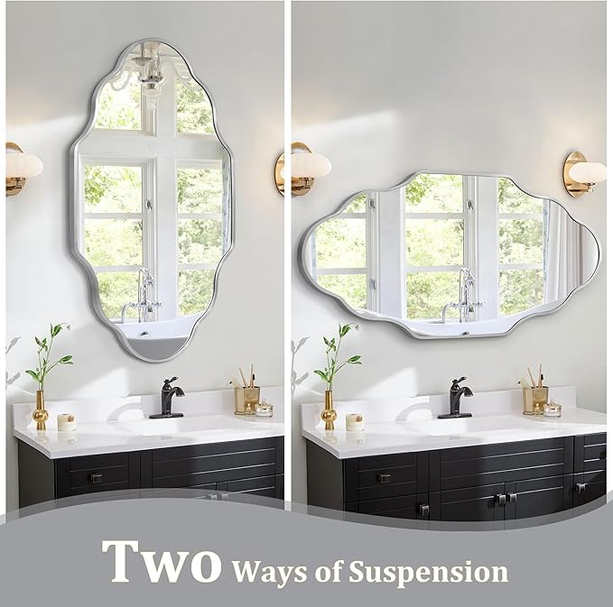 Scalloped Mirror for Bathroom - 20"x36" Silver Bathroom Mirror with Aviation Aluminum Alloy Frame & Shatter-Proof Glass for Living Room Bedroom Entryway, Brushed Silver Frame