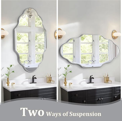 Scalloped Mirror for Bathroom - 24"x36" Silver Bathroom Mirror with Aviation Aluminum Alloy Frame & Shatter-Proof Glass for Living Room Bedroom Entryway, Brushed Silver Frame(x1)