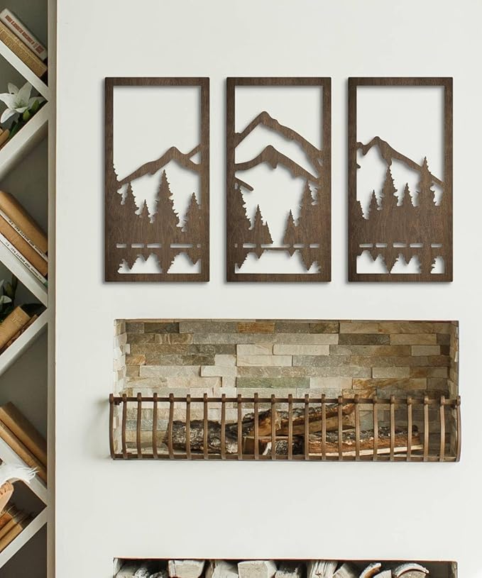 Putuo Decor 3-Piece Mountain Forest Wood Wall Art Set, Natural Wall Art Decor, Minimalist Wall Sculpture for Cabin Bedroom Entryway Living Room