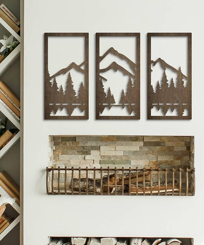 Putuo Decor 3-Piece Mountain Forest Wood Wall Art Set, Natural Wall Art Decor, Minimalist Wall Sculpture for Cabin Bedroom Entryway Living Room