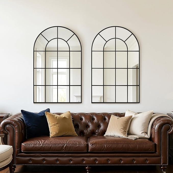 Anpark Arched Windowpane Wall Mirror 24"x36" Black Wall Mounted Art Pane Mirror Farmhouse Decorative Mirror Leaning Hanging Wall Mirror for Bedroom Living Room Entrance Hallway Wall Decor