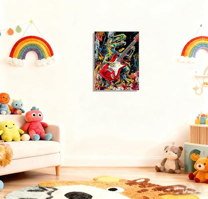 12x16 Graffiti Rock Music T-Rex Wall Art Modern Abstract Dinosaur Canvas Print Colorful Child Funny Pop Home Decor Bedroom Colorful Kids Wall Posters for Boys Room Bathroom Picture Men Office Room Painting