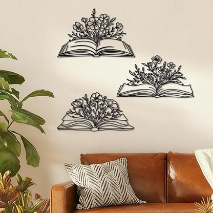 Zzbakress 3 Pcs Book Wall Decor Metal Flower Wall Art, Library Decor Hanging Sculpture, Reading Nook Silhouette Wall Hanging for Home Office Reading Room Teacher Gift (Elegant)