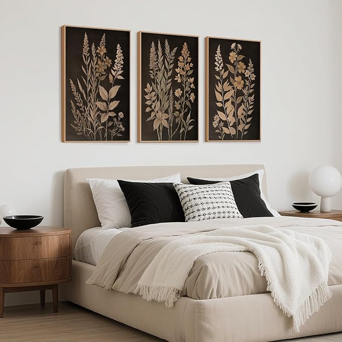 HLNIUC Vintage Botanical Fern Framed Canvas Wall Art Set,Black and Tan Plant Leaves Wall Decor,Modern Farmhouse Art Print,Neutral Minimalist Herb Floral Wall Painting for Living Room,Office - 24x36x3