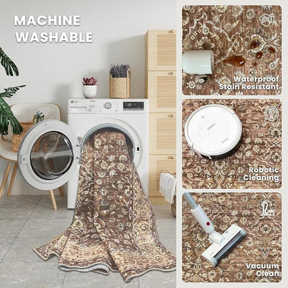 4x6 Area Rugs Reddish Brown Washable Rug for Living Room, Dining Room, Bedroom, Large Carpets, Non Slip & Non-Shedding Low Pile Vintage Print Rug for Home Office Decor