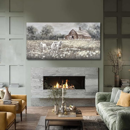 ZENPEE Sheep & Wildflower Farmhouse Wall Decor, Vintage Country Animal Landscape Canvas Print for Living Room, Bedroom & Dining, 29 x 58 Inches, Ready to Hang