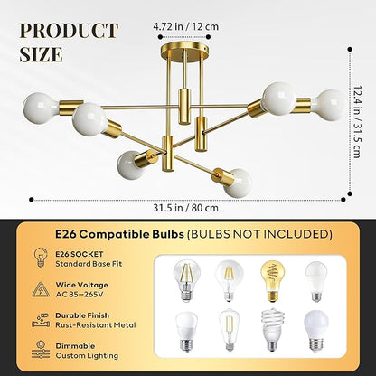 6-Light Sputnik Chandelier Gold, Mid-Century Modern Ceiling Light Fixture for Dining Room, Kitchen, Living Room, Bedroom