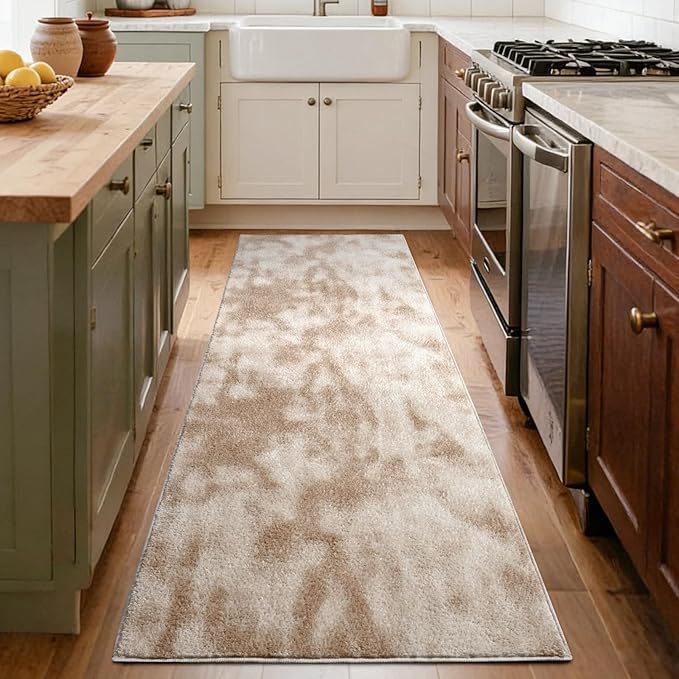 FinRèc 2x8 Washable Runner Rugs for Kitchen Hallway Bedroom, Low Pile Thin Ultra Soft Shag Rug, Non-Slip Carpet Indoor for Home Decor (Tie-dye Light Tan)