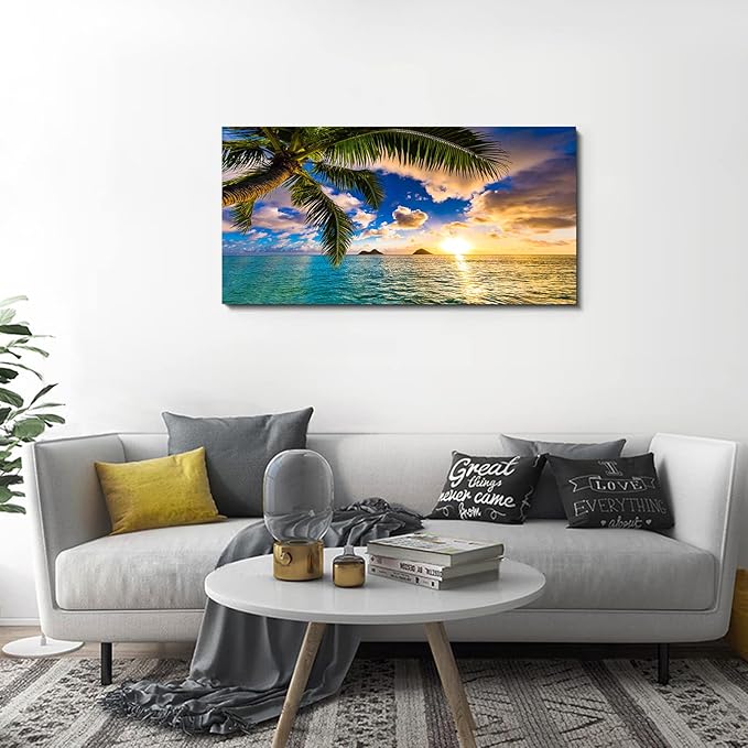 EPHANY Ocean Beach Palm Wall Art - 1 Piece Canvas Wall Art Sunset Scene with Tree Landscape, Stretched and Framed Ready To Hang (B-1pcs,20x40inchx1pcs)