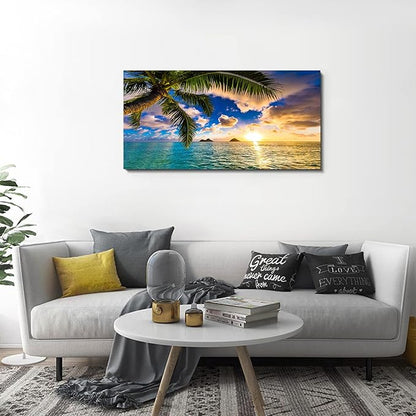 EPHANY Ocean Beach Palm Wall Art - 1 Piece Canvas Wall Art Sunset Scene with Tree Landscape, Stretched and Framed Ready To Hang (B-1pcs,20x40inchx1pcs)