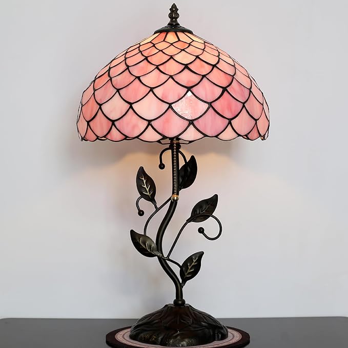 Tiffany Lamp Stained Glass Style Table Lamp Pink Fishscale Style Bedside Desk Reading Light W12H19 Inch Metal Leaf Base with Metal Leaf Base