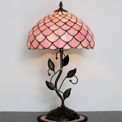 Tiffany Lamp Stained Glass Style Table Lamp Pink Fishscale Style Bedside Desk Reading Light W12H19 Inch Metal Leaf Base with Metal Leaf Base