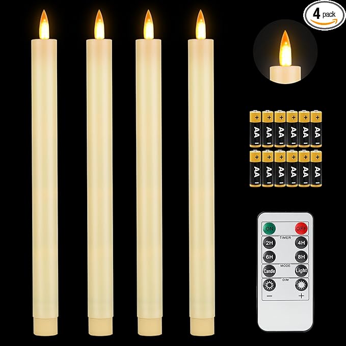 Fanna 4 Ivory Flameless Taper Candles with Dynamic Flickering Flames for Christmas and Weddings, Battery Operated Plastic LED Candlesticks with Timer and Remote, 12 Batteries Included - H 11"