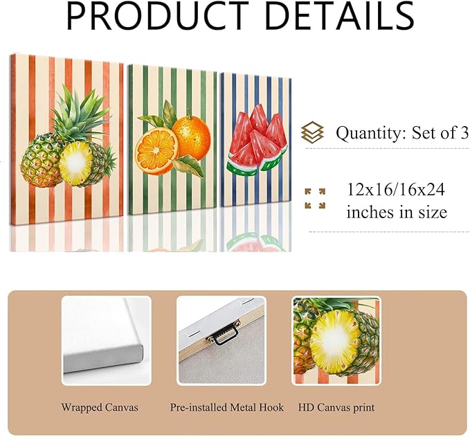 LHHJDIO 3 Piece Trendy Fruit Canvas Wall Art Vintage Kitchen Wall Art Colorful Fruit Pictures Wall Decor Orange Modern Art Prints for Kitchen Dining Room Living Room 12"x16"