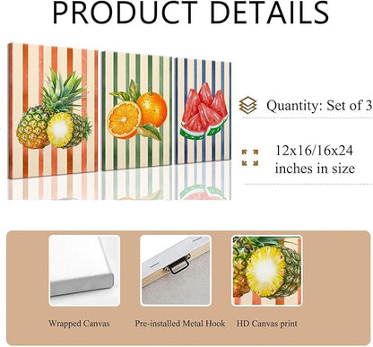 LHHJDIO 3 Piece Trendy Fruit Canvas Wall Art Vintage Kitchen Wall Art Colorful Fruit Pictures Wall Decor Orange Modern Art Prints for Kitchen Dining Room Living Room 12"x16"