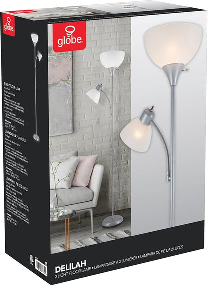 GLOBE Electric 67134 72" Torchiere Floor Lamp and Adjustable Reading Light, Silver, Frosted Shade, Dual Rotary Switch, 3-Step Dimming, Modern Lighting for Living Room or Office, Timeless (Pack of 2)