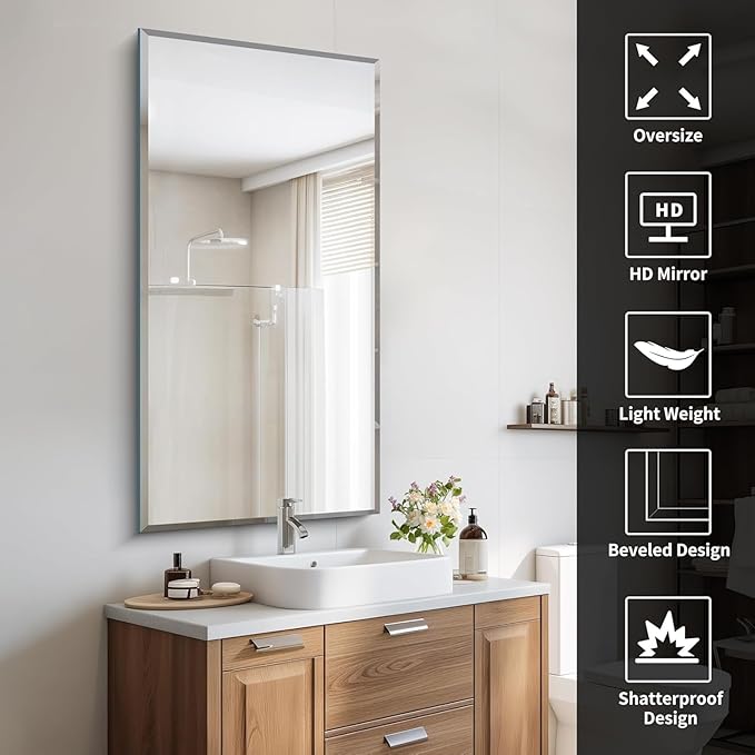 CILIBER Beveled Mirror, 24x48 Large Frameless Bathroom Mirrors for Wall, 3mm Tempered Glass Rectangle Vanity Mirror with Beveled Edge, Crystal-Clear, Hangs Horizontally or Vertically