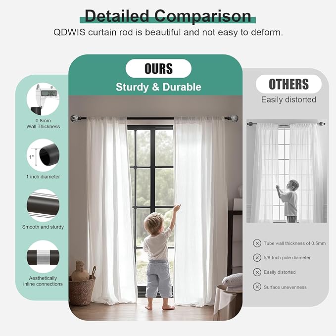 QDWIS Black Curtain Rods for Windows 72 to 144 Inch,1'' Diameter Drapery Rods with Leaf Pattern Finials,Decorative Adjustable Heavy Duty Curtain Rods Set,36-150''