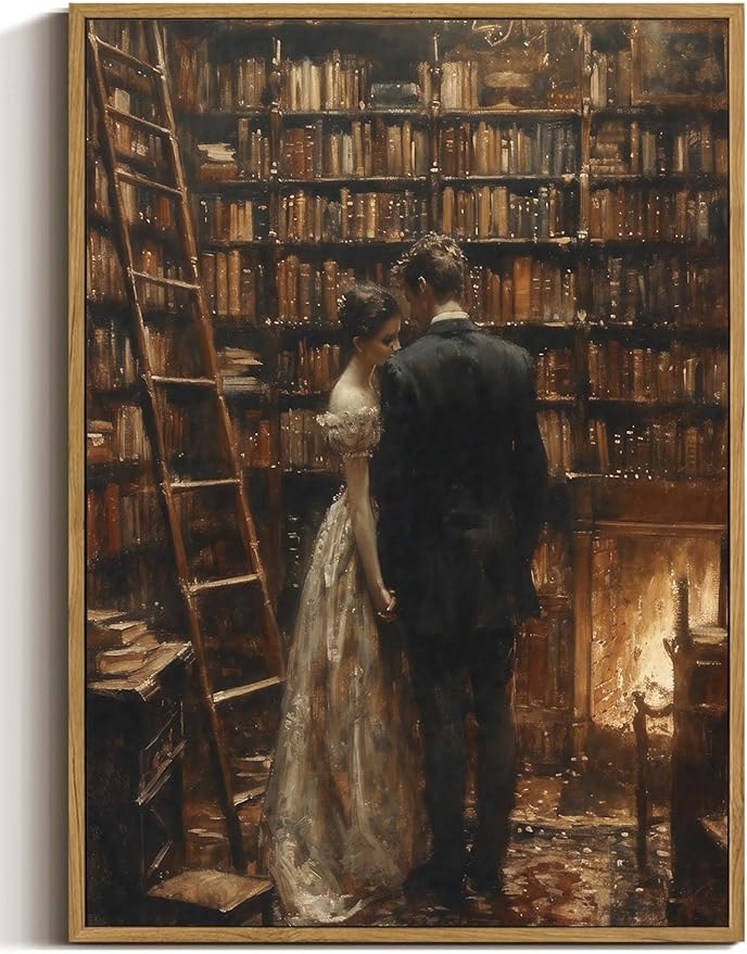 WALLZK Vintage Framed Wall Art Library Wall Decor Moody Dark Academia Canvas Prints Victoria Antique Literary Romantic Pictures Artwork for Walls Living Room Study Bedroom 12"x16"