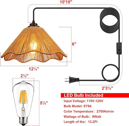 Plug in Pendant Light, Rattan Hanging Lights with Plug in Cord 13FT Hemp Black Cord, On/Off Switch Chandelier for Boho Living Room Bedroom Kitchen（Bulb Included） Brown-12 x 6 inch - 2 Pack