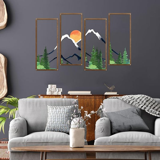 ruelen 4 Pcs Metal Sunset Mountain Forest Wall Decor, Abstract Minimalist Line Drawing Large Colorful Mountains Wall Art Home Decor for Living Room Bathroom Bedroom Office Indoor And Outdoor (Large)
