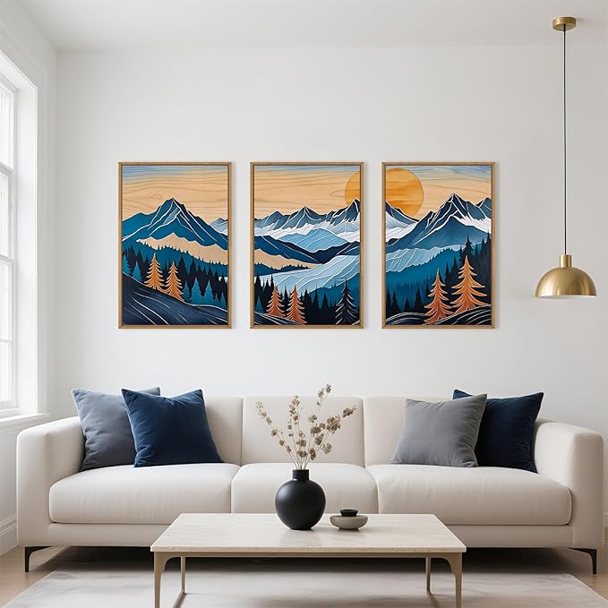 Celestdeco Boho Vintage Mountain Framed Canvas Wall Art Set, Blue Abstract Ridge Wall Decor, Woodcut Pine Tree Landscape Wall Painting, Sunrise Forest Art Print for Living Room, Bedroom, Office - 16"X24"X3