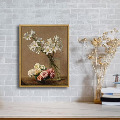 Pyradecor Framed Canvas Wall Art Vintage Decor Coquette Room Decor Roses and Lilies Canvas Prints Classical Floral Painting for Living Room Bedroom Farmhouse Decorations
