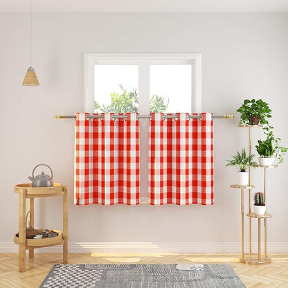 3 Pc Cotton Classic Country Farmhouse Kitchen Window Curtain Grommet Top -Red & White Buffalo Check Tier & Valance Set, 54" x 18" / 32" x 30"