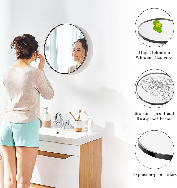 NEWBULIG 20 Inch Round Wall Mirror, Bathroom Mirror for Over Sink, Matte Metal Framed Circle Vanity Mirror, Wall Decor for Bedroom, Anti-Rust, Tempered Glass, Hanging or Leaning, Classic Black