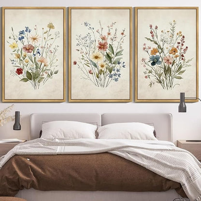 Drsoum Vintage Flower Bouquet Framed Retro Wildflower Botanical Pictures Prints Modern Colorful Floral Rustic Artwork Bedroom Living Room Ready to Hang 24x36in Natural Framed