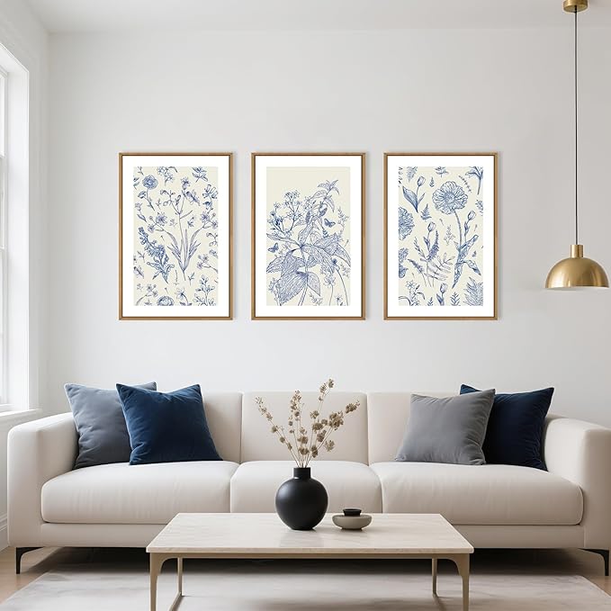 KAIRNE Navy Blue and White Floral Framed Canvas Wall Art Set,Chinoiserie Flower Wall Decor,Watercolor Botanical Art Prints,Modern Wildflower Artwork for Living Room,Bedroom,Farmhouse,Office-24 x36 x3